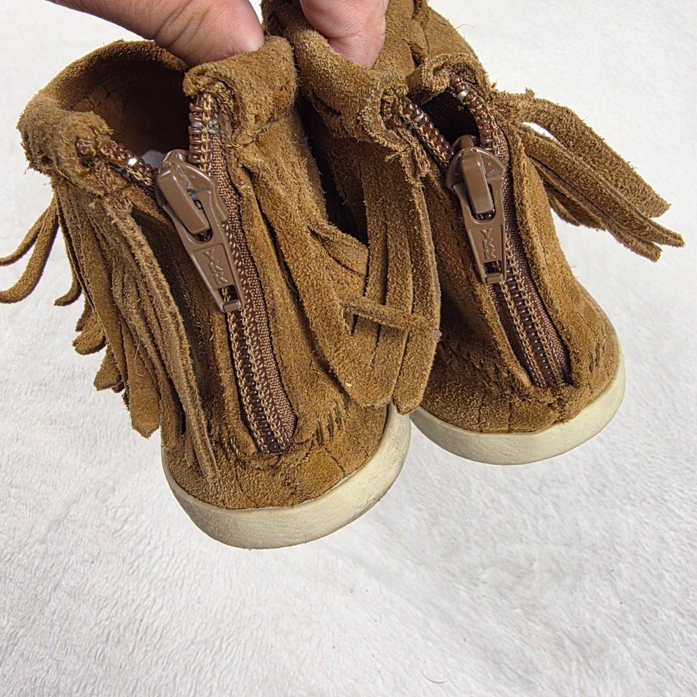 Minnetonka Back Zip Fringe Bootie Womens 8.5 Brown Good Suede Beaded 463S - Picture 3 of 6
